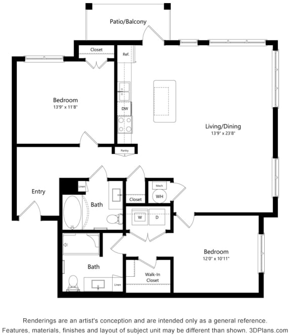 2 bed 2 bath floor plan G at Preserve at Peachtree Shoals 55&#x2B; Apartments, Dacula, 30019