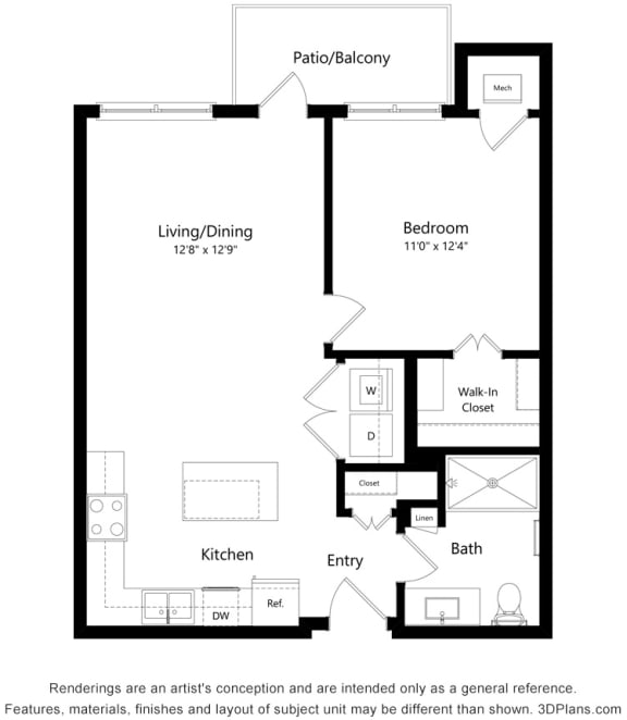 One Bed One Bath Floor Plan at Bren Road Station 55&#x2B; Apartments, Minnetonka, 55343