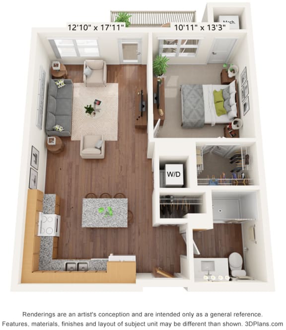 One Bedroom - D Floor Plan at Bren Road Station 55+ Apartments, Minnetonka, Minnesota