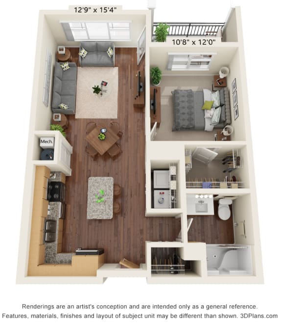 Floor Plan  Preserve at Peachtree Shoals_3D_1 Bedroom Floor Plan
