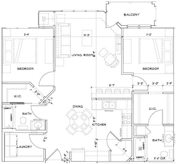 A floor plan of a house with a balcony, two bedrooms, a living room, a dining room, a kitchen, a bathroom, and a laundry area.