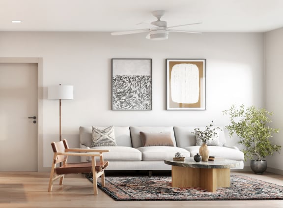 a living room and kitchen in an apartment