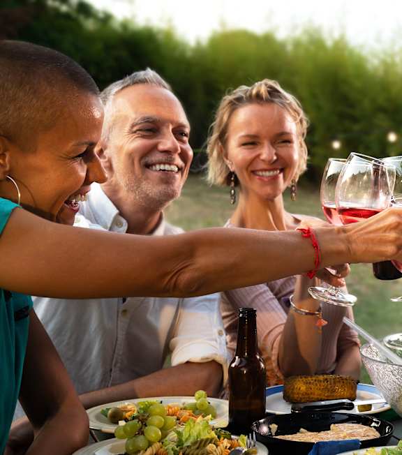 A group of people toasting with wine glasses at a dinner table.