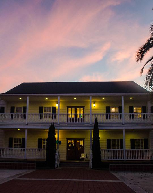 A house with a porch and palm trees in front.