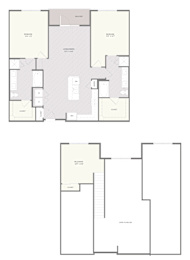 A floor plan of a house with two bedrooms, a living room, a kitchen, and a bathroom.