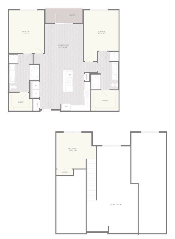 A floor plan of a house with two bedrooms, a living room, a kitchen, and a bathroom.