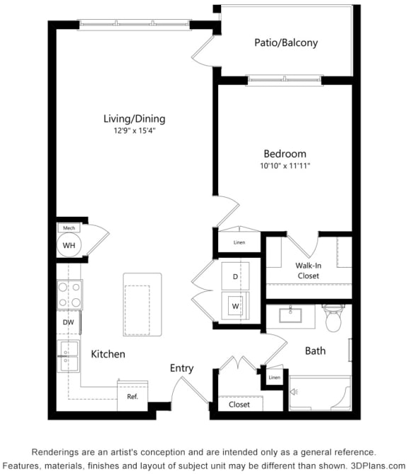 1 bedroom 1 bathroom floor plan E at Preserve at Peachtree Shoals 55&#x2B; Apartments, Dacula, GA, 30019