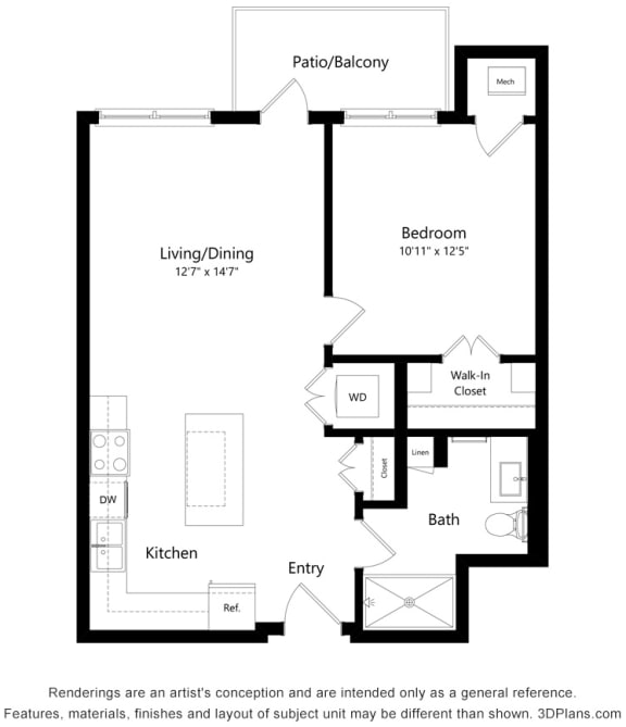 1 Bedroom 1 Bath Floor Plan at Bren Road Station 55+ Apartments, Minnetonka, MN