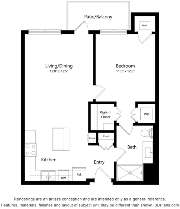 One Bedroom Floor Plan at Bren Road Station 55+ Apartments, Minnetonka, MN