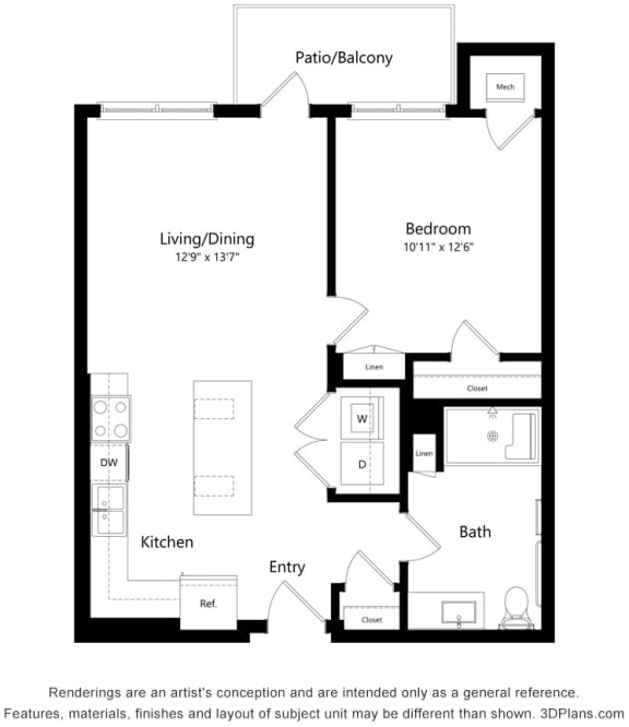 1 Bed 1 Bath Floor Plan 1 Bed 1 Bath Floor Plan at Bren Road Station 55+ Apartments, Minnetonka, MN, 55343