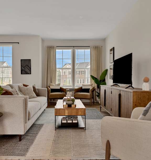 A living room with a couch, a coffee table, and a television.