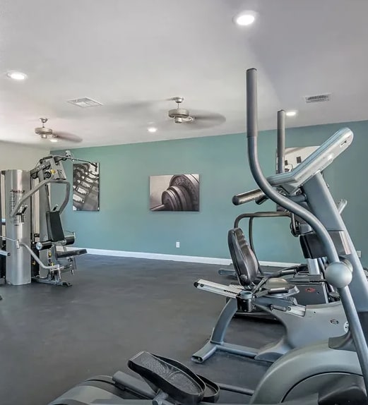 Fully-equipped gym with exercise equipment and a television at Spring Meadow Apartments in Glendale, AZ