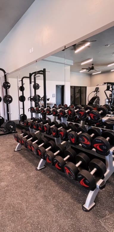 a spacious fitness center with cardio equipment and a large mirror