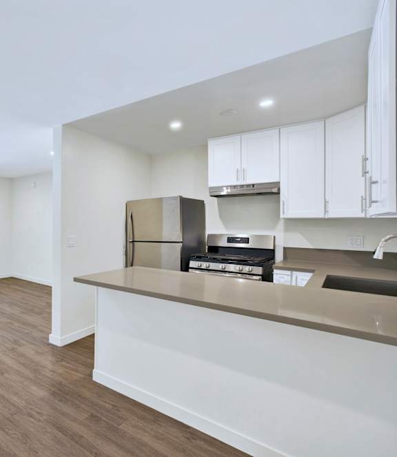 A kitchen with a counter and cabinets.