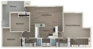 a furnished floor plan with a bedroom and a living room