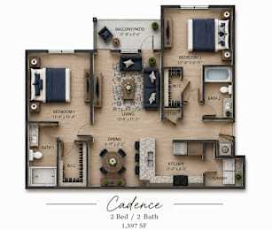 A floor plan of a Cadence apartment with two bedrooms and two bathrooms.