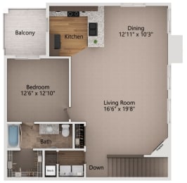 Floor Plan  a floor plan of a one bedroom apartment with a bathroom and a living room with a kitchen