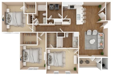 The Rose - Three Bedroom and Two Bathroom Floor Plan | 1,446 Sq. Ft. at Cumberland Place Apartment Homes, Tyler, TX