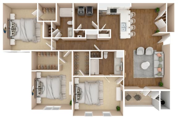 The Rose - Three Bedroom and Two Bathroom Floor Plan | 1,446 Sq. Ft. at Cumberland Place Apartment Homes, Tyler, TX