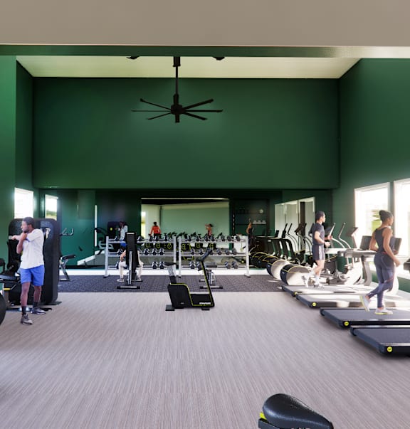 A gym with people working out and a fan in the middle of the room.