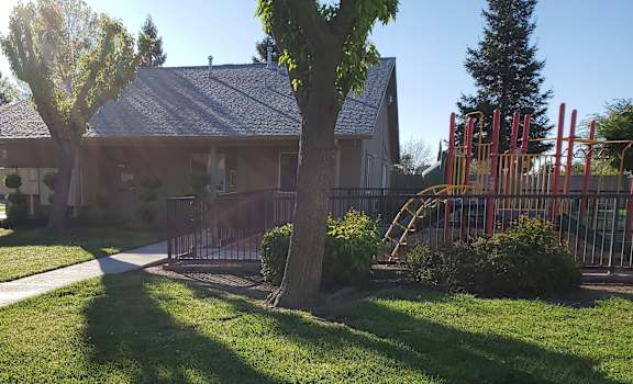 Image of playground with building and trees
