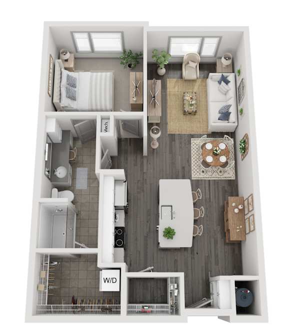 A 3D floor plan of a small apartment with a kitchen, living room, and bathroom.
