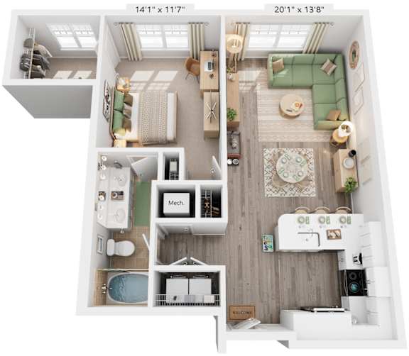 Millstone Floorplan | 879 Sq. Ft. at Flats at West Broad Village, Glen Allen, VA, 23060