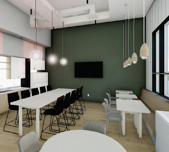 a rendering of a multipurpose room with a green wall and white tables and chairs