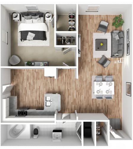 Floor Plan  a stylized 1 bedroom floor plan with a bedroom and a living room