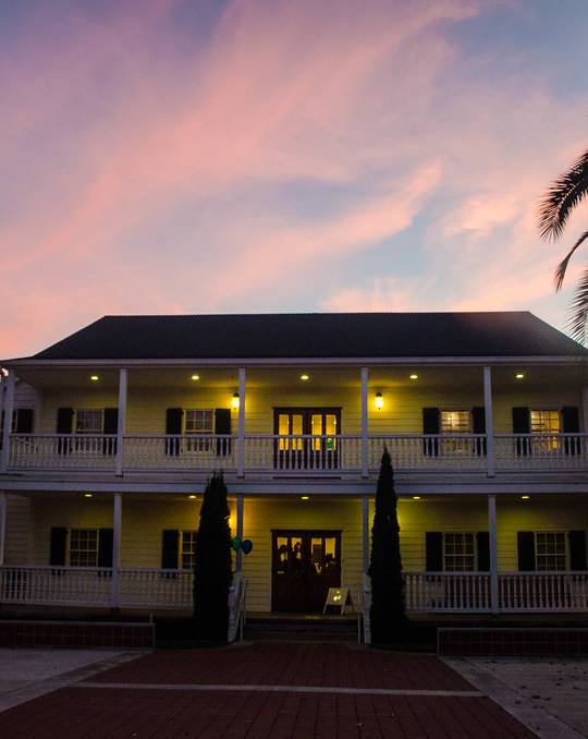 A house with a porch and palm trees in front.