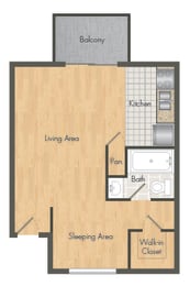 a floor plan of studio 303 with a bedroom and a bathroom