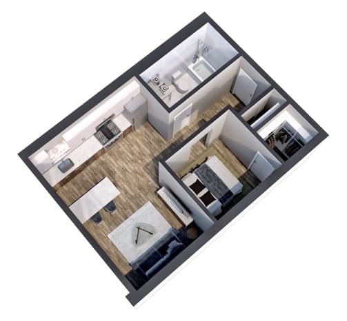 Harriet 1 bedroom floor plan 3D view at The Central apartments near downtown Minneapolis MN