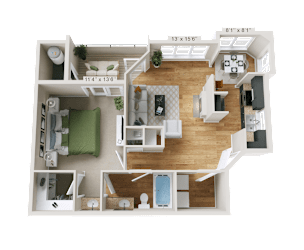 Crestline Cary one bedroom, one bathroom floor plan with 800 sqft