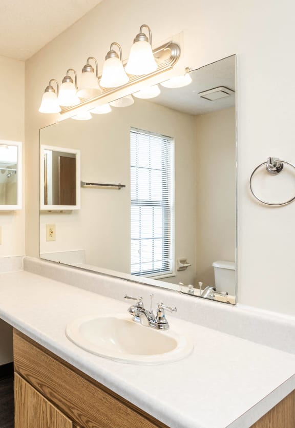 the preserve at ballantyne commons apartment bathroom with sink and mirror