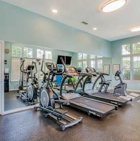 A room with a treadmill, exercise bike, and other workout equipment.