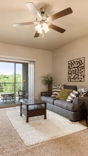 A living room with a couch, chair, and a rug.