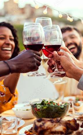 A group of people toasting with wine glasses at a dinner table.