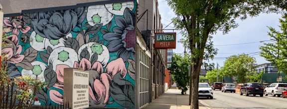 a mural of flowers on the side of a building