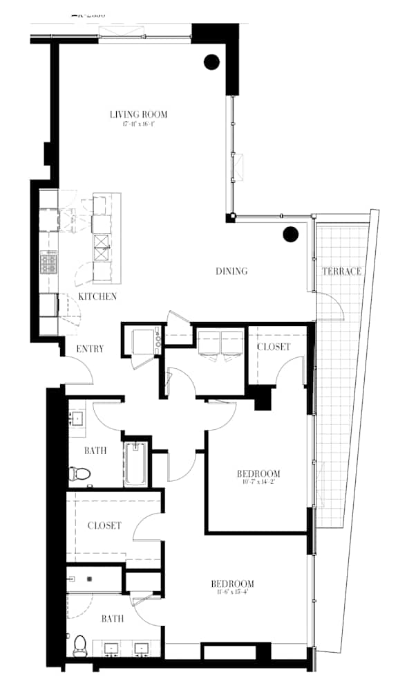 A black and white image of a floor plan for a unit named Unit-EE - 2 BR - 1623 SQ. FT.