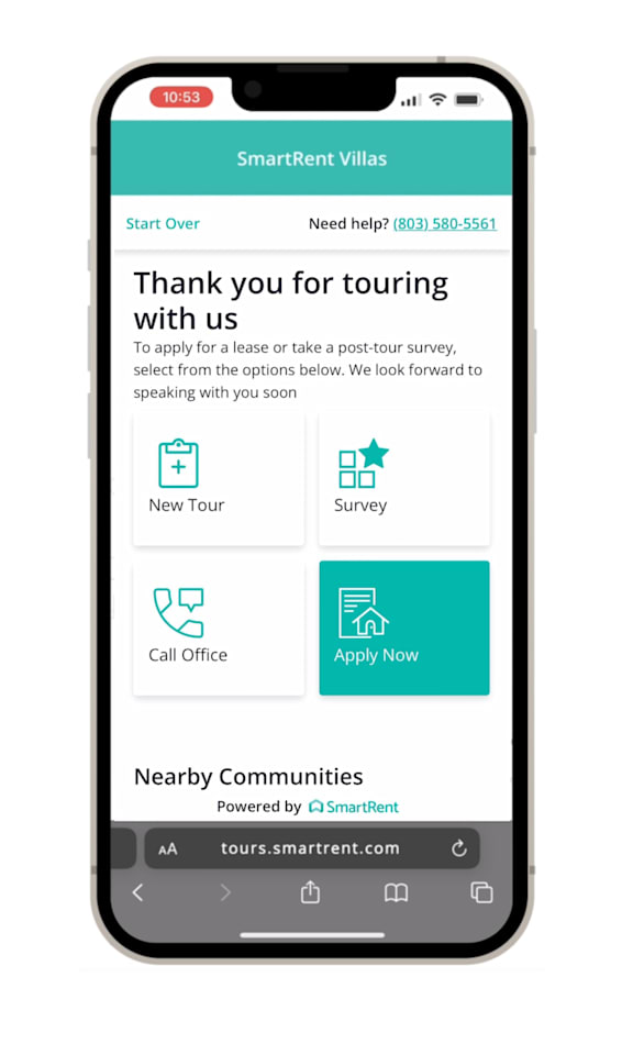 A mobile screen displays a message thanking a visitor for a property tour and asking for feedback.