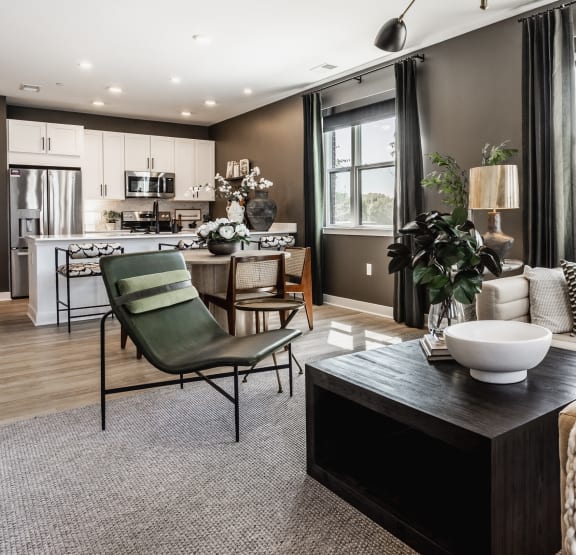 an living room with plank flooring at Upper Vue Flats, Dublin, Ohio