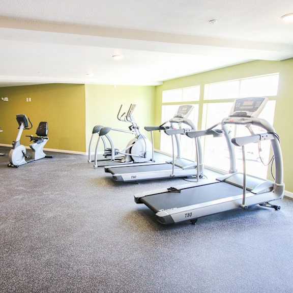 A room with a green wall and a treadmill.