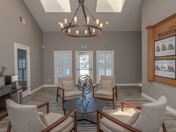 Stanford Heights apartments clubhouse seating area and coffee station
