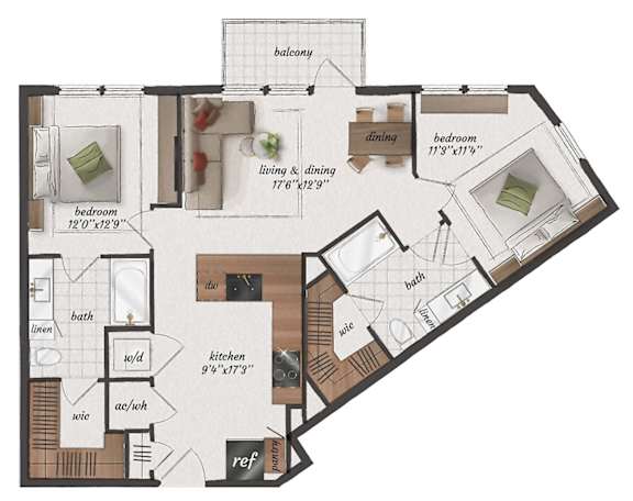 2 Bedroom, 2 Bathroom, 1020 Square Feet - B2 Floorplan at St. Elmo Apartments in Austin, TX