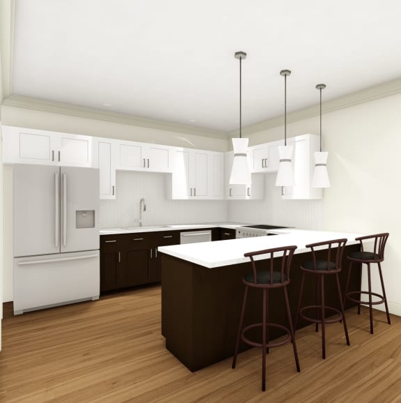 a rendering of a kitchen with an island and bar stools