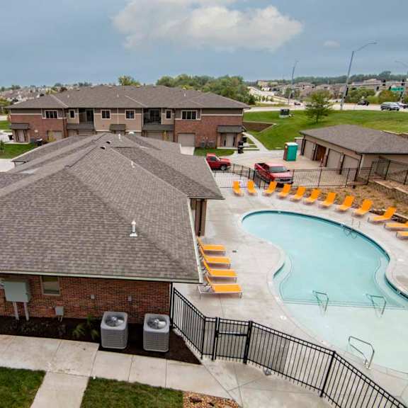 Aerial view of the resort-style pool view at North Pointe Villas luxury townhomes and apartments in Lincoln NE