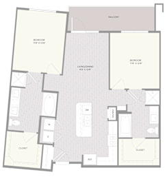 A floor plan of apartment B2 with two bedrooms, a living room, a kitchen, a bathroom, and a balcony.