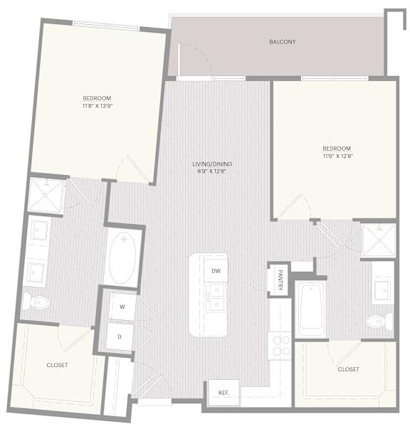 A floor plan of apartment B2 with two bedrooms, a living room, a kitchen, a bathroom, and a balcony.