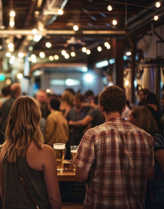 people sitting at a bar in a brewery with beer brewing machines