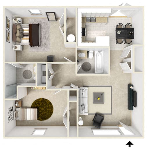 Floor Plan  Mountain View Apartments Oxford AL Anniston, AL 36207 2 bedroom 2 bathroom 3-D Furnished floor plan
